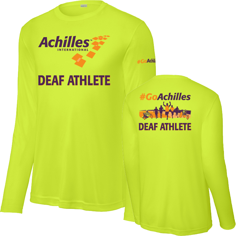 Front and back view of neon yellow long sleeve t-shirt. The front reads ' Achilles International Deaf Athlete' and the back has a graphic of people running with the text "#GoAchilles Deaf Athlete.'