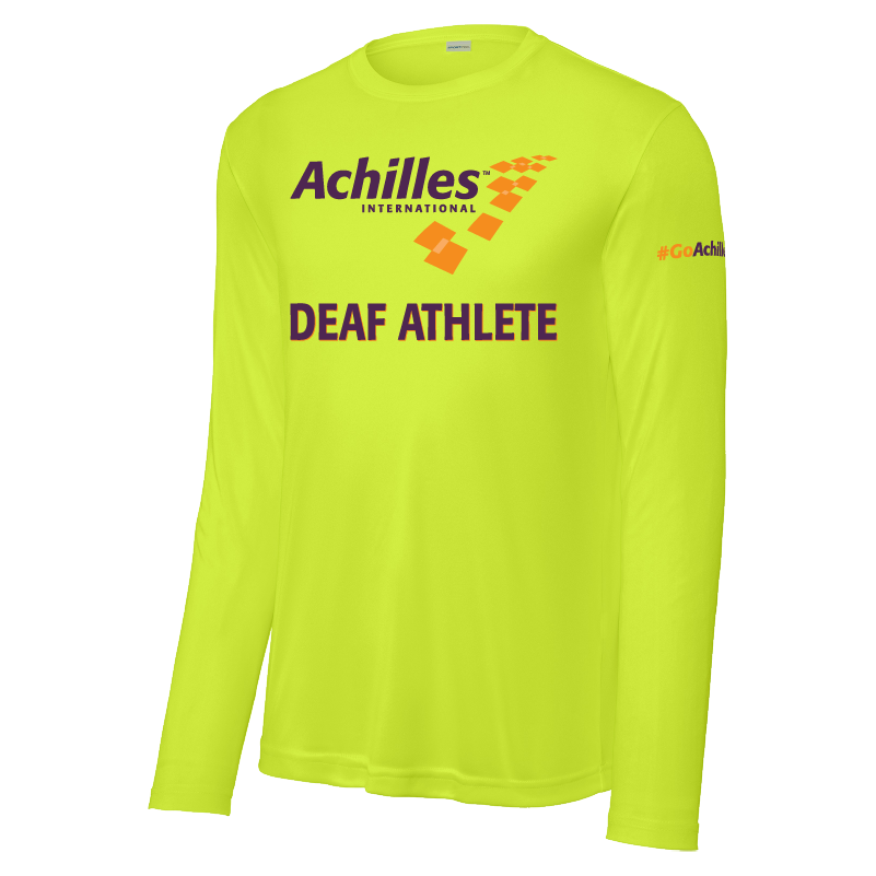Neon Yellow long sleeve t-shirt with 'Achilles International Deaf Athlete' text on the front.
