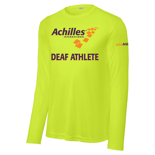 Neon Yellow long sleeve t-shirt with 'Achilles International Deaf Athlete' text on the front.