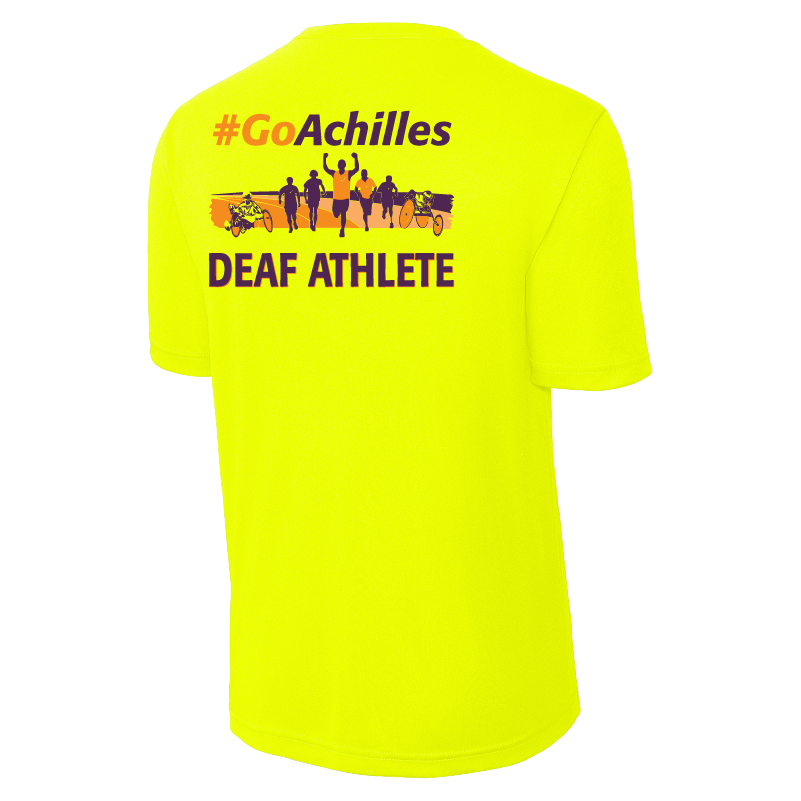 Neon Yellow t-shirt with '#GoAchilles Deaf Athlete' text on back of shirt. There is a graphic of athletes running.