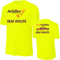 Front and back view of neon yellow t-shirt. The front reads ' Achilles International Deaf Athlete' and the back has a graphic of people running with the text "#GoAchilles Deaf Athlete.'