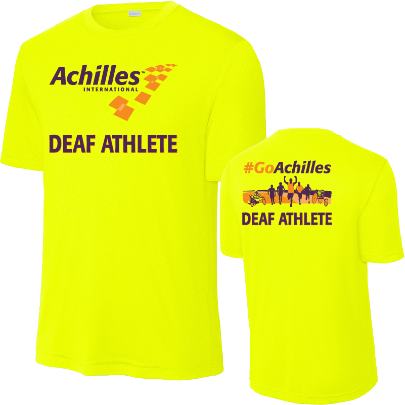Front and back view of neon yellow t-shirt. The front reads ' Achilles International Deaf Athlete' and the back has a graphic of people running with the text "#GoAchilles Deaf Athlete.'