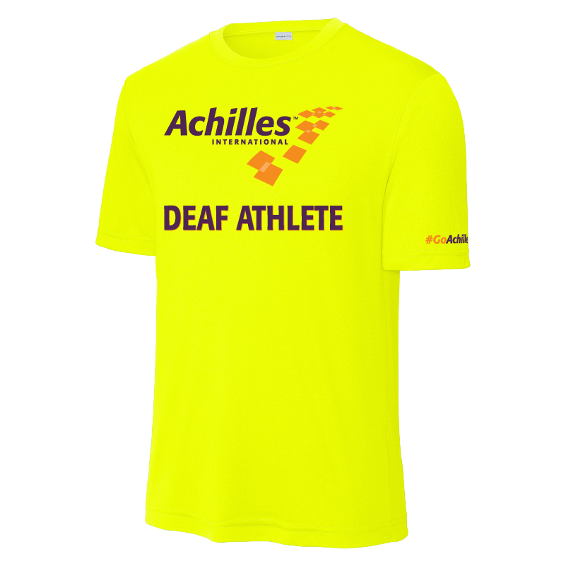Neon Yellow t-shirt with 'Achilles International Deaf Athlete' text on the front.