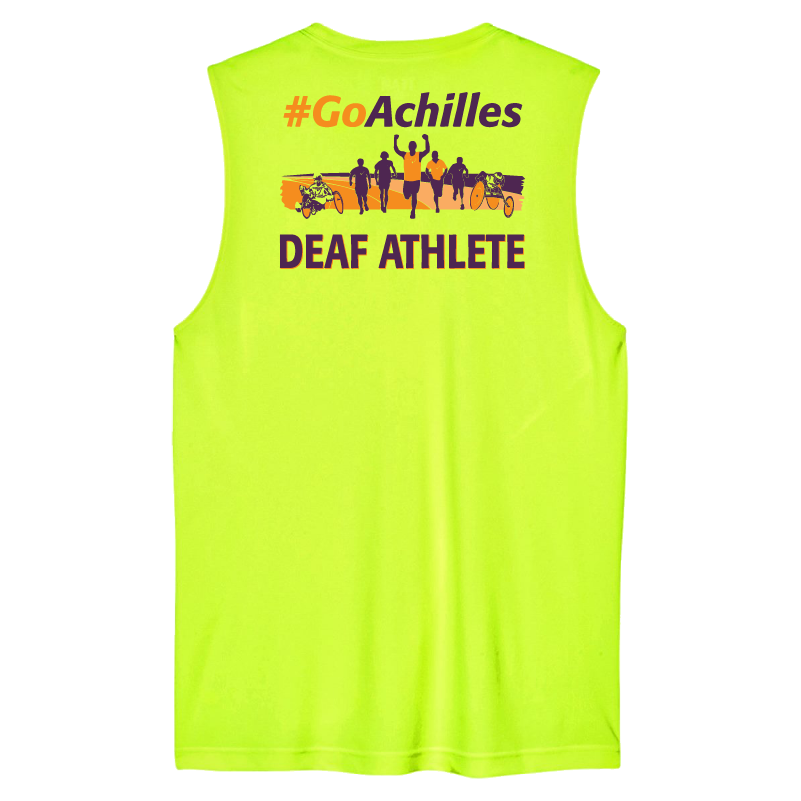Safety Yellow tank top with '#GoAchilles Deaf Athlete' text on back of shirt. There is a graphic of athletes running.