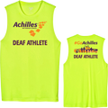 Front and back view of safety yellow tank. The front reads ' Achilles International Deaf Athlete' and the back has a graphic of people running with the text "#GoAchilles Deaf Athlete.'
