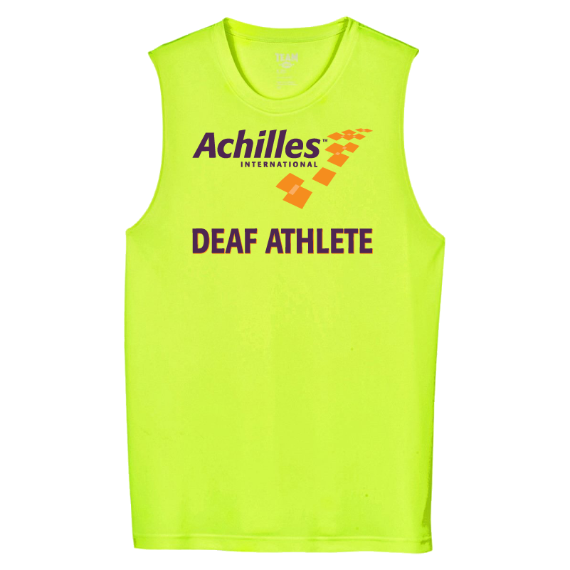 Safety Yellow tank top with 'Achilles International Deaf Athlete' text on the front.