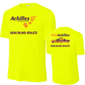 Front and back view of neon yellow t-shirt. The front reads ' Achilles International Deaf/Blind Athlete' and the back has a graphic of people running with the text "#GoAchilles Deaf/Blind Athlete.'