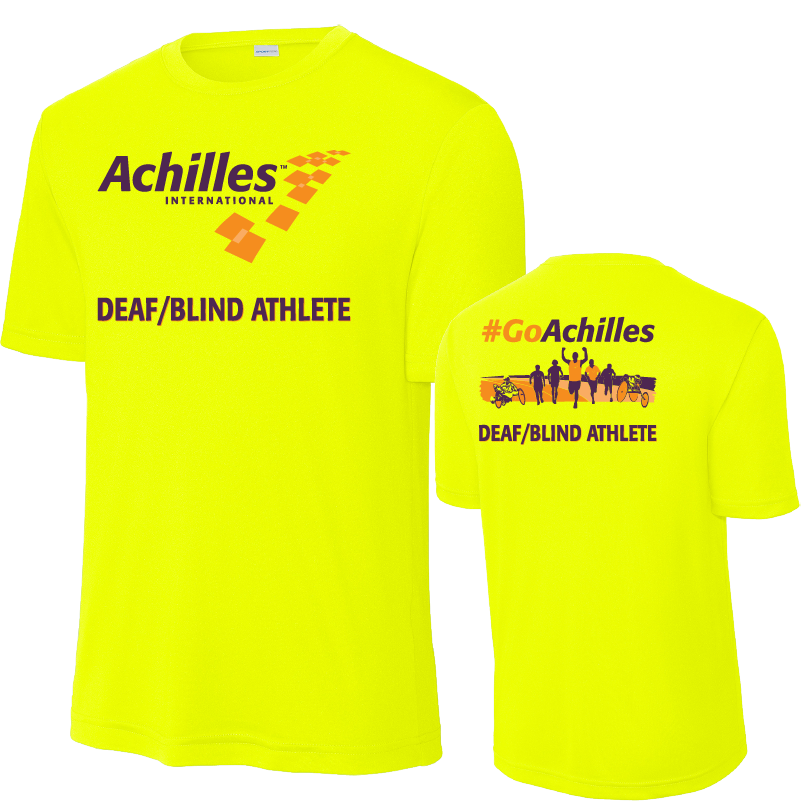 Front and back view of neon yellow t-shirt. The front reads ' Achilles International Deaf/Blind Athlete' and the back has a graphic of people running with the text "#GoAchilles Deaf/Blind Athlete.'