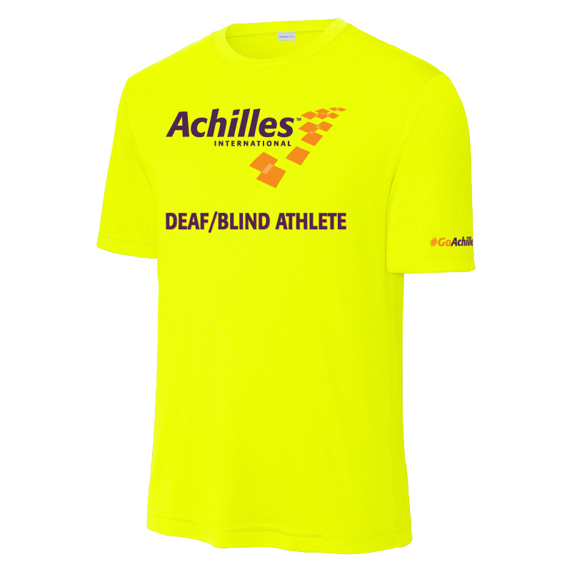 Neon Yellow t-shirt with 'Achilles International Deaf/Blind Athlete' text on the front.