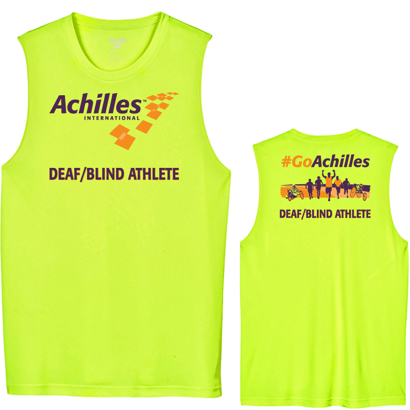 Front and back view of safety yellow tank. The front reads ' Achilles International Deaf /BlindAthlete' and the back has a graphic of people running with the text "#GoAchilles Deaf/Blind Athlete.'
