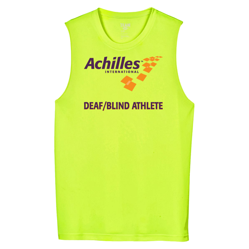 Safety Yellow tank top with 'Achilles International Deaf/Blind Athlete' text on the front.