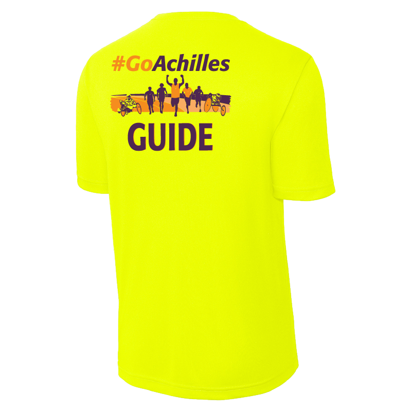 Safety Yellow t-shirt with '#GoAchilles' and 'GUIDE' text on a white background