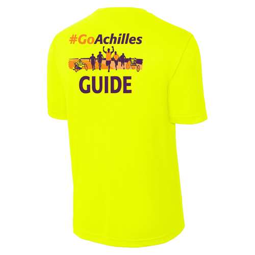 Safety Yellow t-shirt with '#GoAchilles' and 'GUIDE' text on a white background