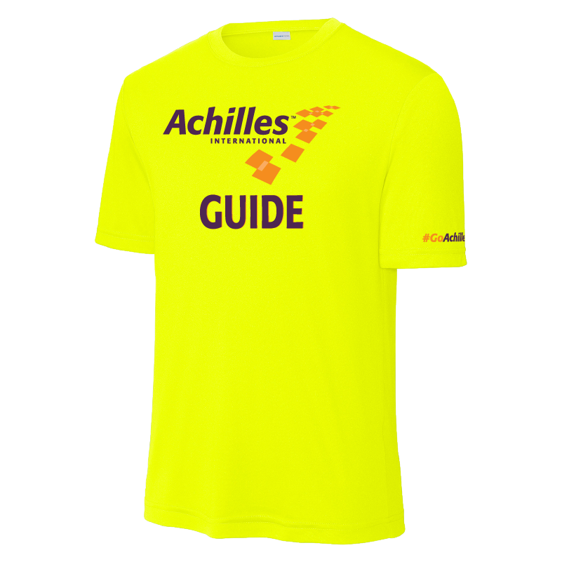 Safety Yellow t-shirt with Achilles International logo and 'Guide' text on a white background