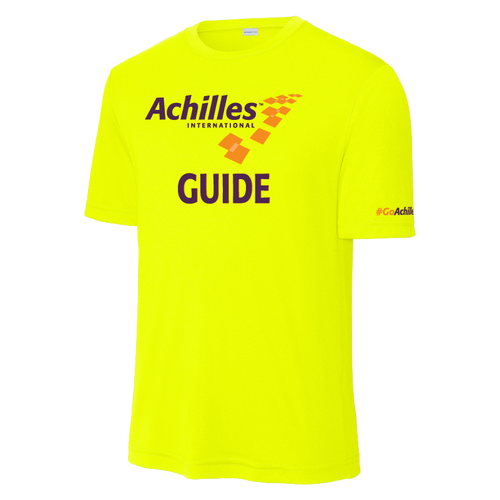 Safety Yellow t-shirt with Achilles International logo and 'Guide' text on a white background
