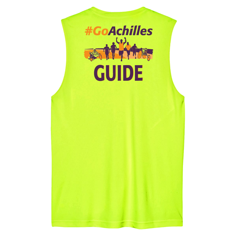 Safety Yellow sleeveless shirt with '#GoAchilles' and 'GUIDE' text on a white background