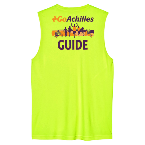 Safety Yellow sleeveless shirt with '#GoAchilles' and 'GUIDE' text on a white background