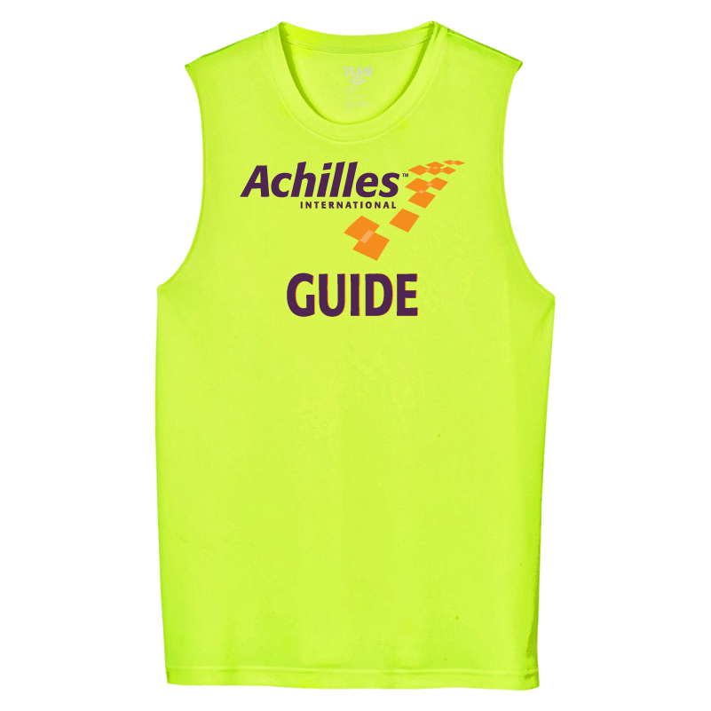 Safety Yellow sleeveless shirt with 'Achilles International Guide' text on a white background