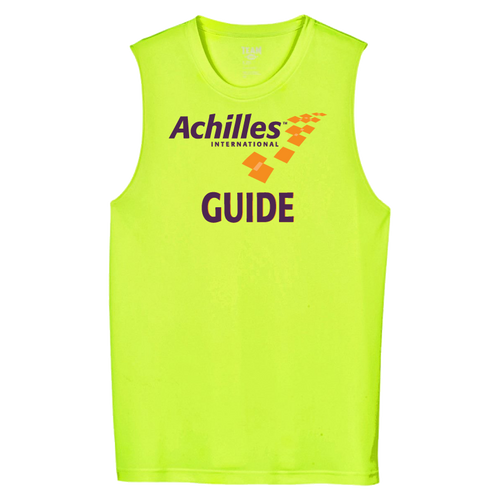Safety Yellow sleeveless shirt with 'Achilles International Guide' text on a white background