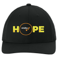 A black baseball cap with a curved brim, featuring a yellow and orange graphic on the front that spells 'HOPE' with the word 'Achilles International' inside a circular orange border.