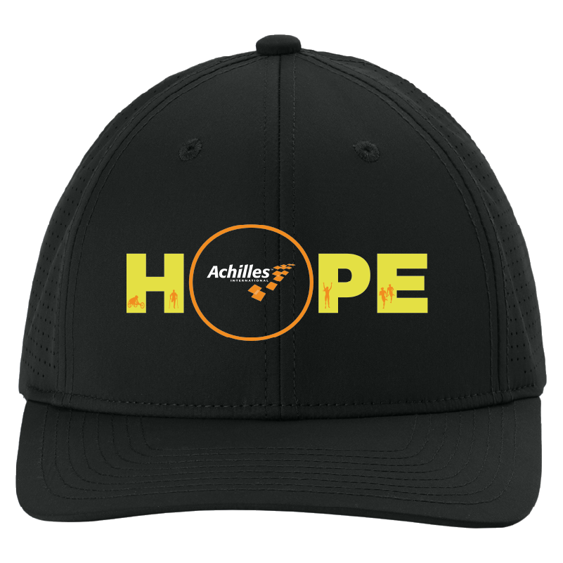 A black baseball cap with a curved brim, featuring a yellow and orange graphic on the front that spells 'HOPE' with the word 'Achilles International' inside a circular orange border.