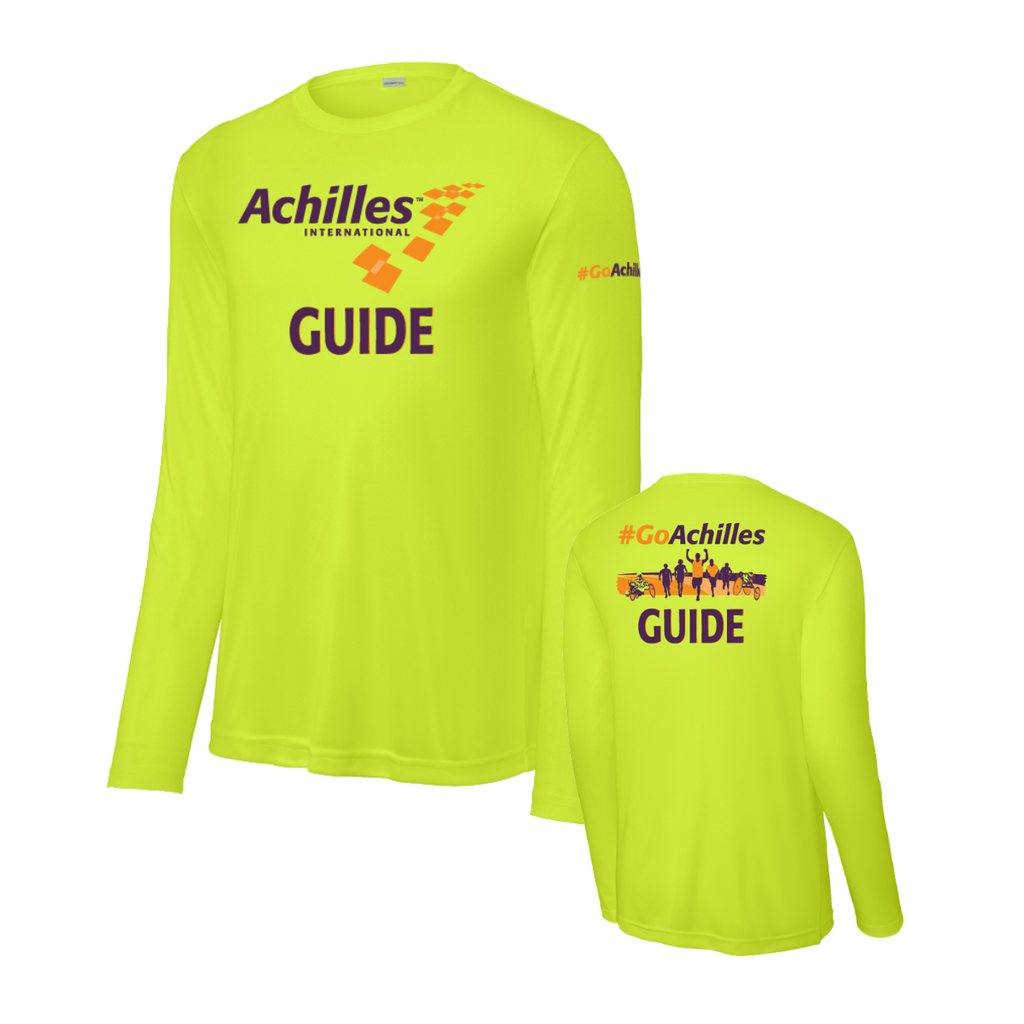 Safety yellow long-sleeve shirt with Achilles International branding on a white background