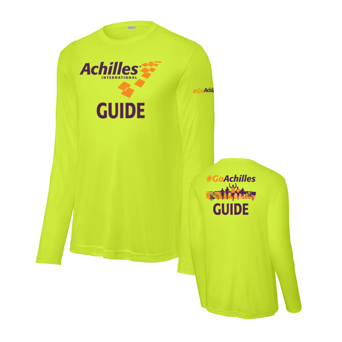 Safety yellow long-sleeve shirt with Achilles International branding on a white background