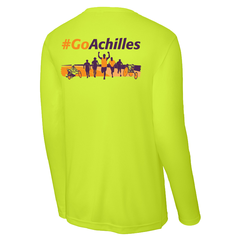 Safety yellow long-sleeve shirt with '#GoAchilles' text and graphic on a white background