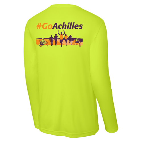 Safety yellow long-sleeve shirt with '#GoAchilles' text and graphic on a white background
