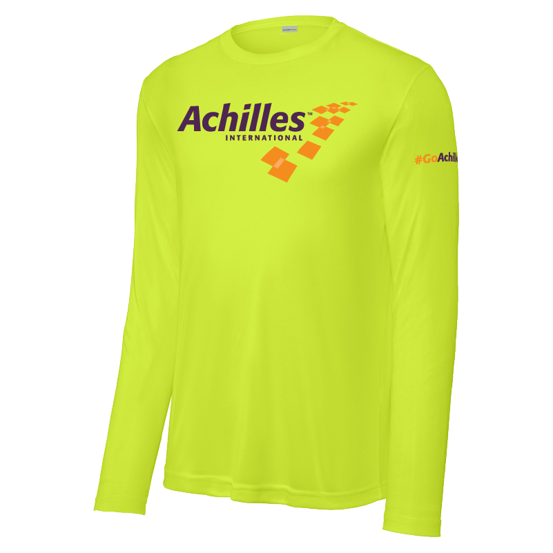 Safety Yellow long-sleeve shirt with Achilles International logo on a white background