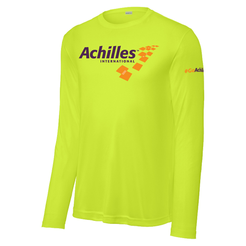 Safety Yellow long-sleeve shirt with Achilles International logo on a white background