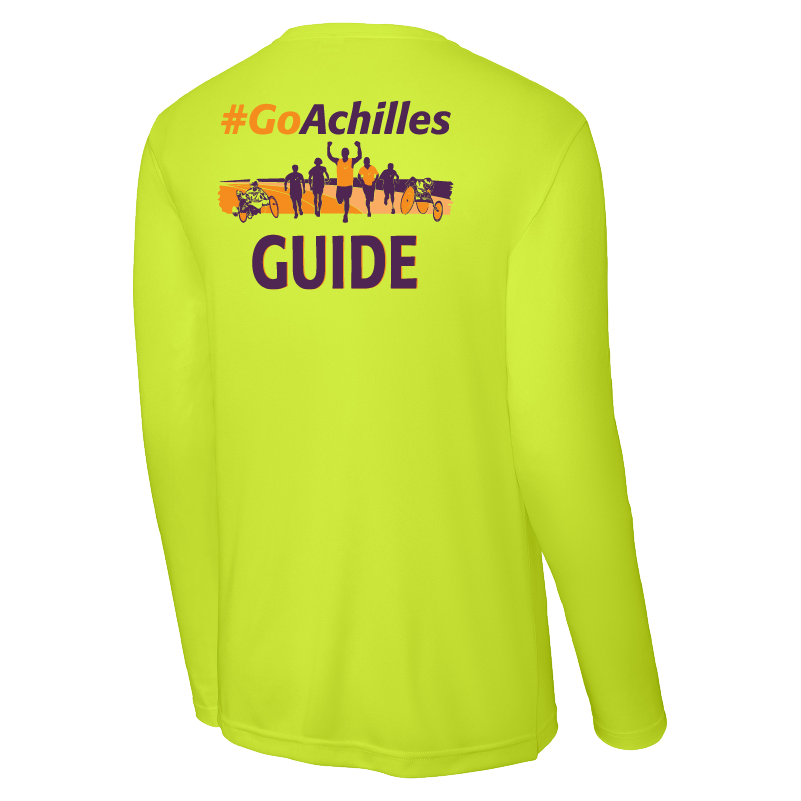 Safety Yellow long-sleeve shirt with '#GoAchilles' and 'GUIDE' text on a white background
