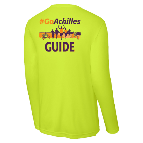 Safety Yellow long-sleeve shirt with '#GoAchilles' and 'GUIDE' text on a white background
