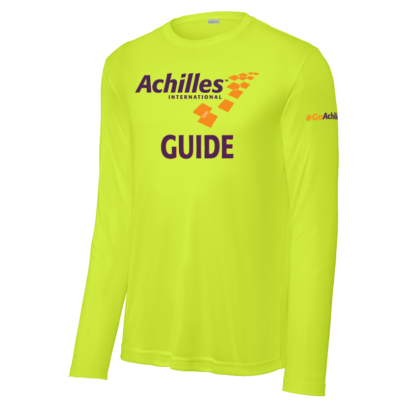 Safety Yellow long-sleeve shirt with Achilles International logo on a white background