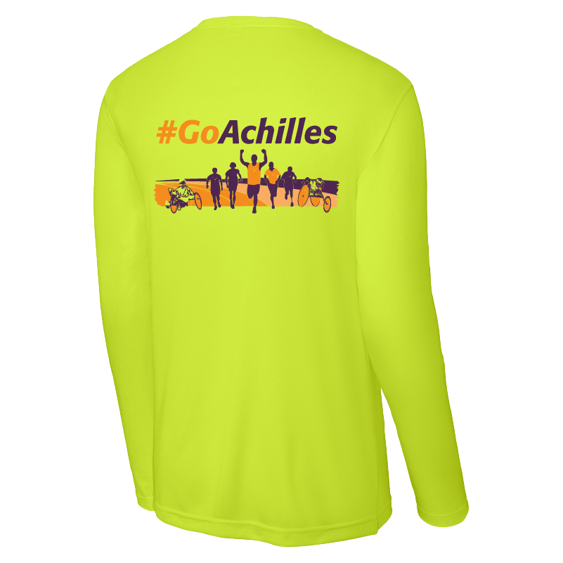 Safety Yellow long-sleeve shirt with '#Go Achilles' text and graphic on a white background