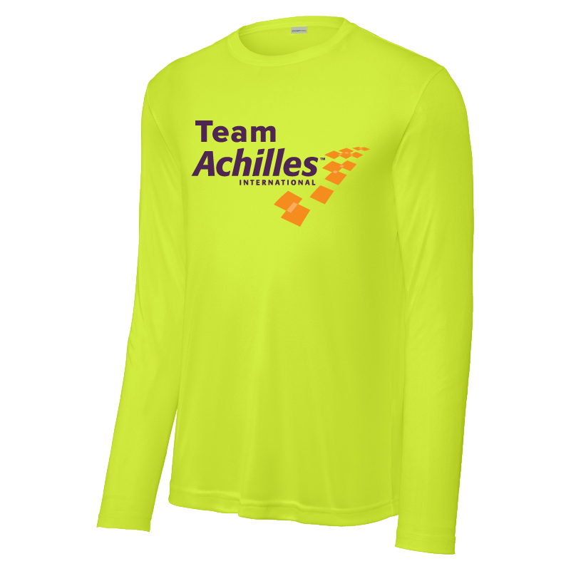 Safety Yellow long-sleeve shirt with 'Team Achilles International' logo on a white background