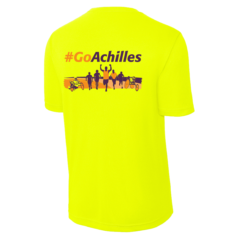 Safety Yellow t-shirt with '#GoAchilles' text and graphic on a white background