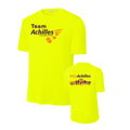 Safety Yellow t-shirt with 'Team Achilles' and '#GoAchilles' text on a white background
