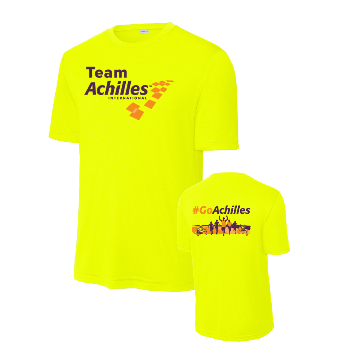 Safety Yellow t-shirt with 'Team Achilles' and '#GoAchilles' text on a white background