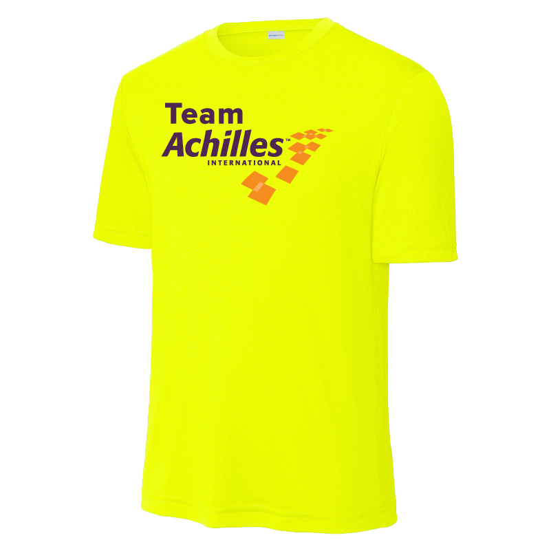 Safety Yellow t-shirt with 'Team Achilles International' text and logo on a white background