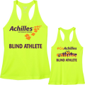 Front and back view of safety yellow womens tank. The front reads ' Achilles International Deaf Athlete' and the back has a graphic of people running with the text "#GoAchilles Blind Athlete.'