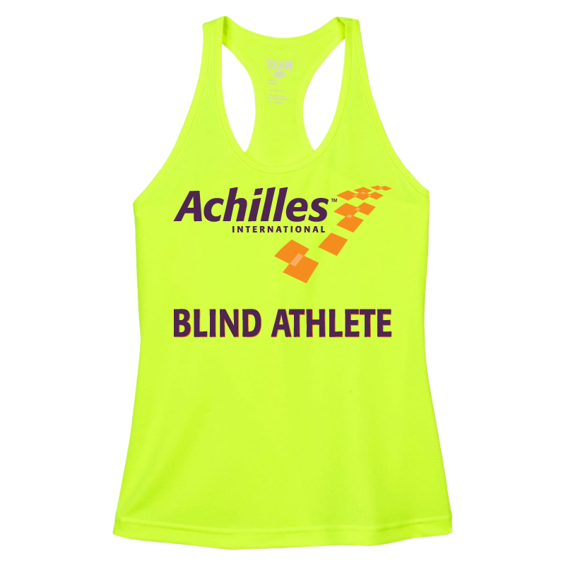 Safety Yellow womens tank top with 'Achilles International Blind Athlete' text on the front.