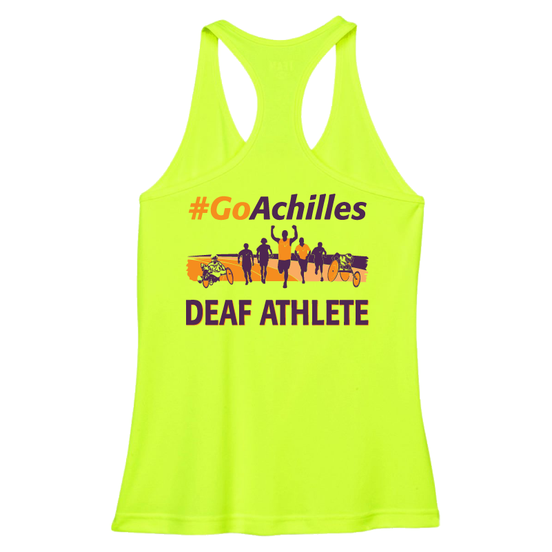 Safety Yellow womens tank top with '#GoAchilles Deaf Athlete' text on back of shirt. There is a graphic of athletes running.