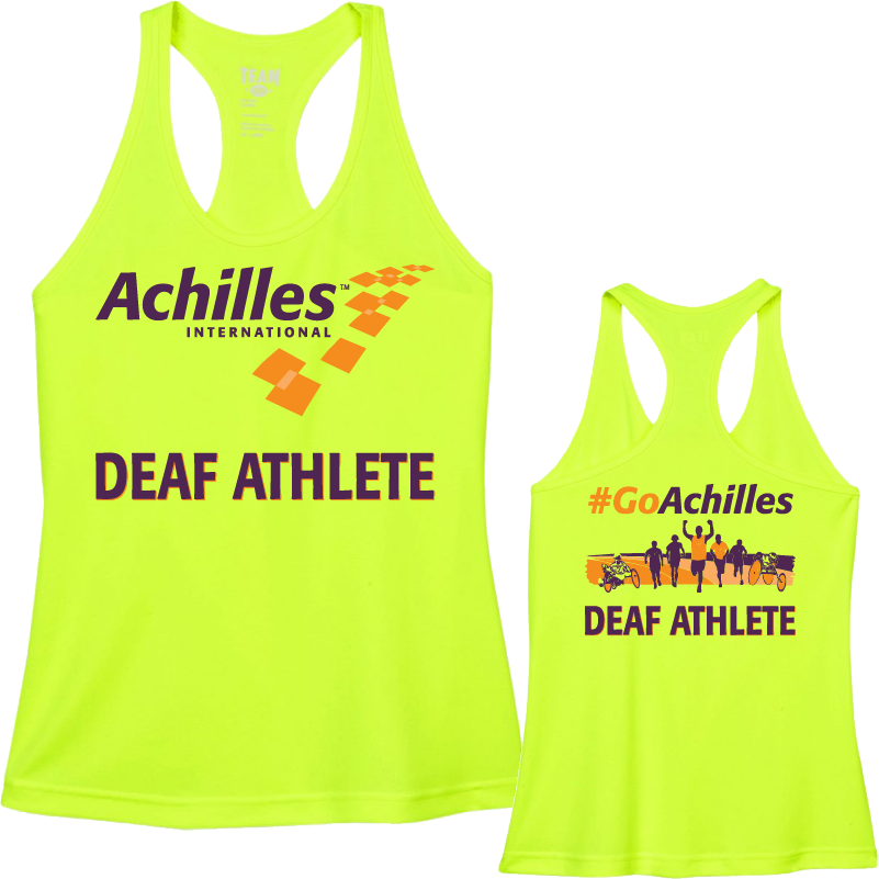 Front and back view of safety yellow womens tank. The front reads ' Achilles International Deaf Athlete' and the back has a graphic of people running with the text "#GoAchilles Deaf Athlete.'
