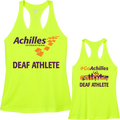 Front and back view of safety yellow womens tank. The front reads ' Achilles International Deaf Athlete' and the back has a graphic of people running with the text "#GoAchilles Deaf Athlete.'