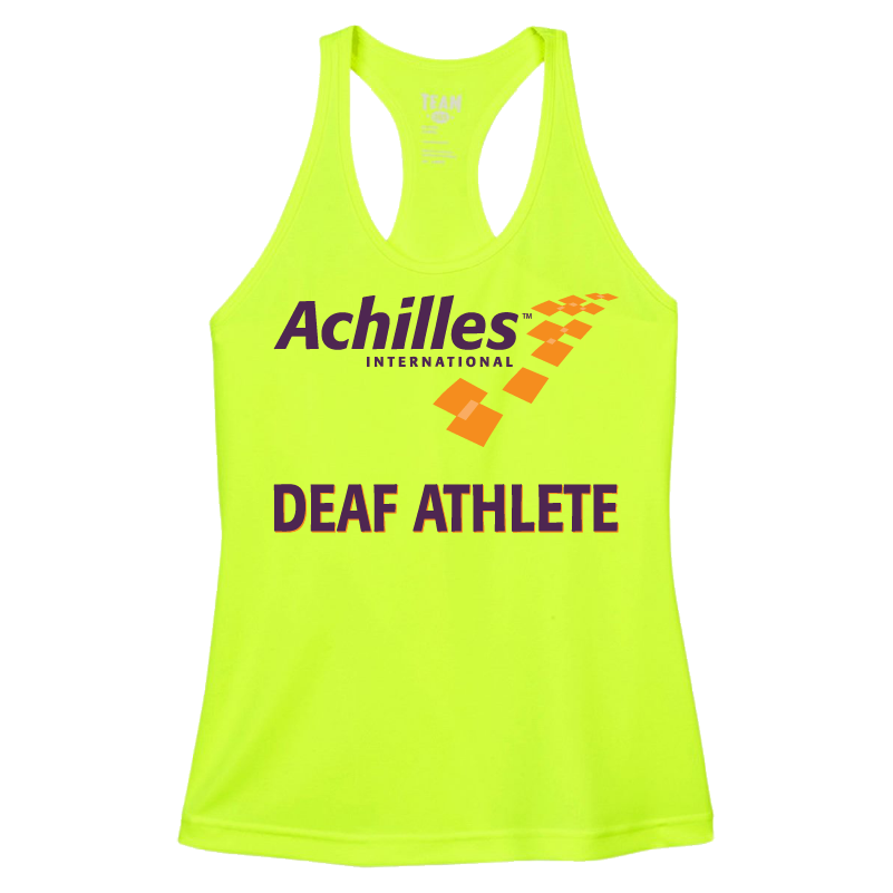 Safety Yellow womens tank top with 'Achilles International Deaf Athlete' text on the front.