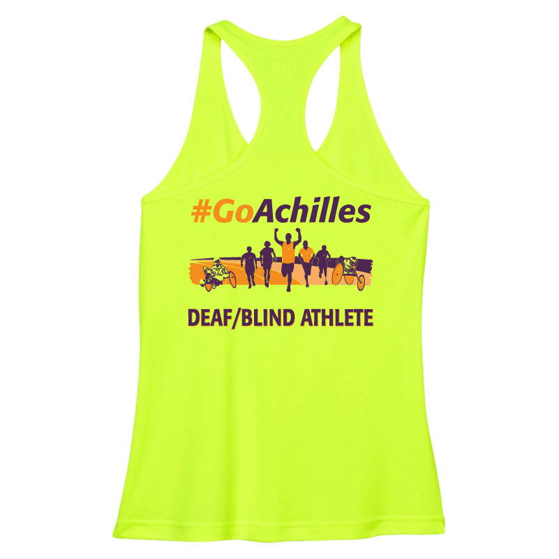 Safety Yellow womens tank top with '#GoAchilles Deaf/Blind Athlete' text on back of shirt. There is a graphic of athletes running.