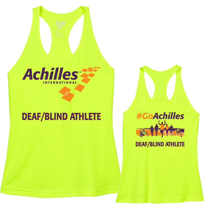 Front and back view of safety yellow womens tank. The front reads ' Achilles International Deaf/Blind Athlete' and the back has a graphic of people running with the text "#GoAchilles Deaf/Blind Athlete.'