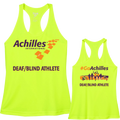 Front and back view of safety yellow womens tank. The front reads ' Achilles International Deaf/Blind Athlete' and the back has a graphic of people running with the text "#GoAchilles Deaf/Blind Athlete.'