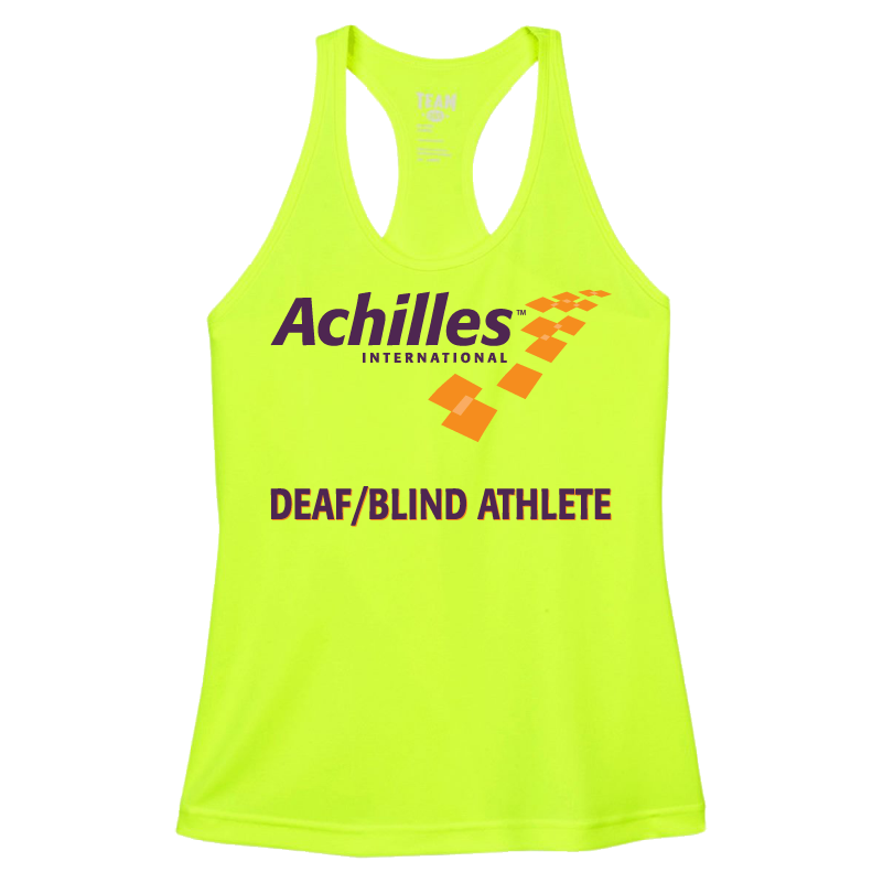 Safety Yellow womens tank top with 'Achilles International Deaf/Blind Athlete' text on the front.